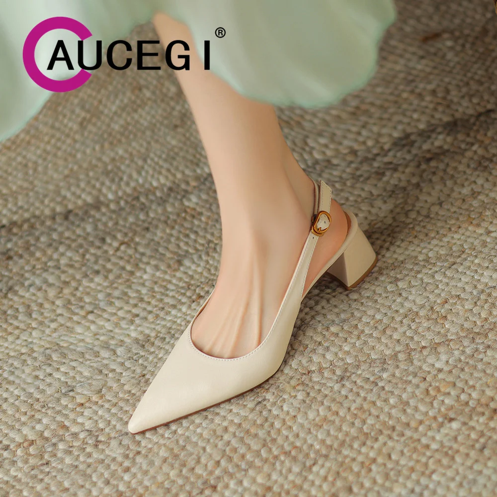 

Aucegi Classic Genuine Leather Sexy Pointed Toe Thick Heels Pumps Summer Slingback Concise Women Summer Spring Party Dress Shoes