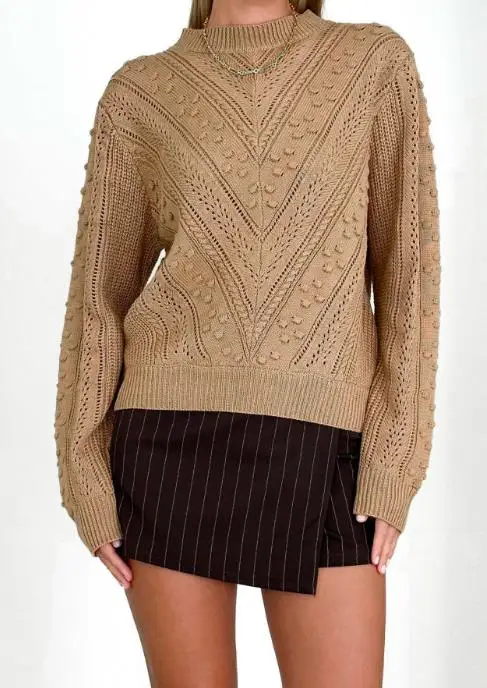 

Casual Retro Style Hollow Out V-Shaped Hook and Flower Round Neck Solid Color Top, Autumn Casual Hollow Out Knitted Sweater