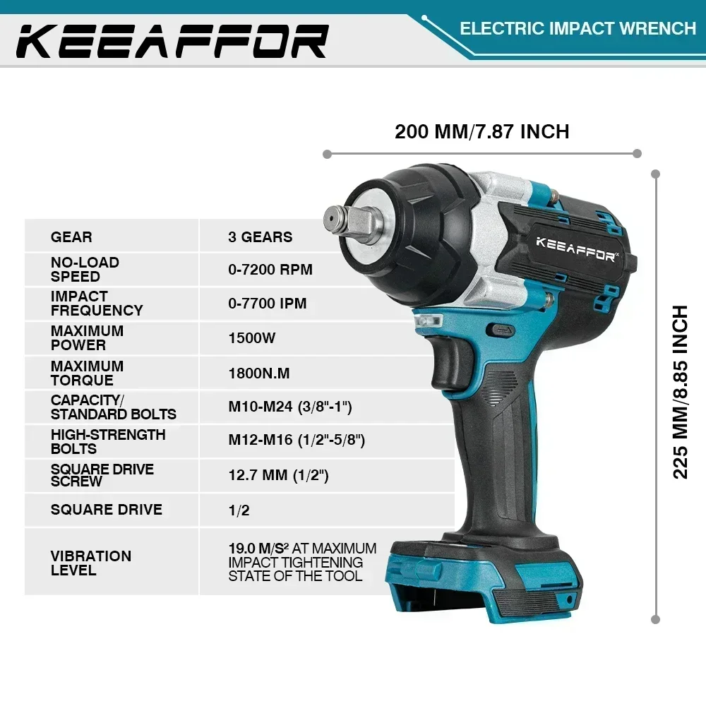 KEEAFFOR 1800N.M Torque Brushless Electric Impact Wrench 1/2 Inch Cordless Electric Wrench Power Tools For Makita 18V Battery