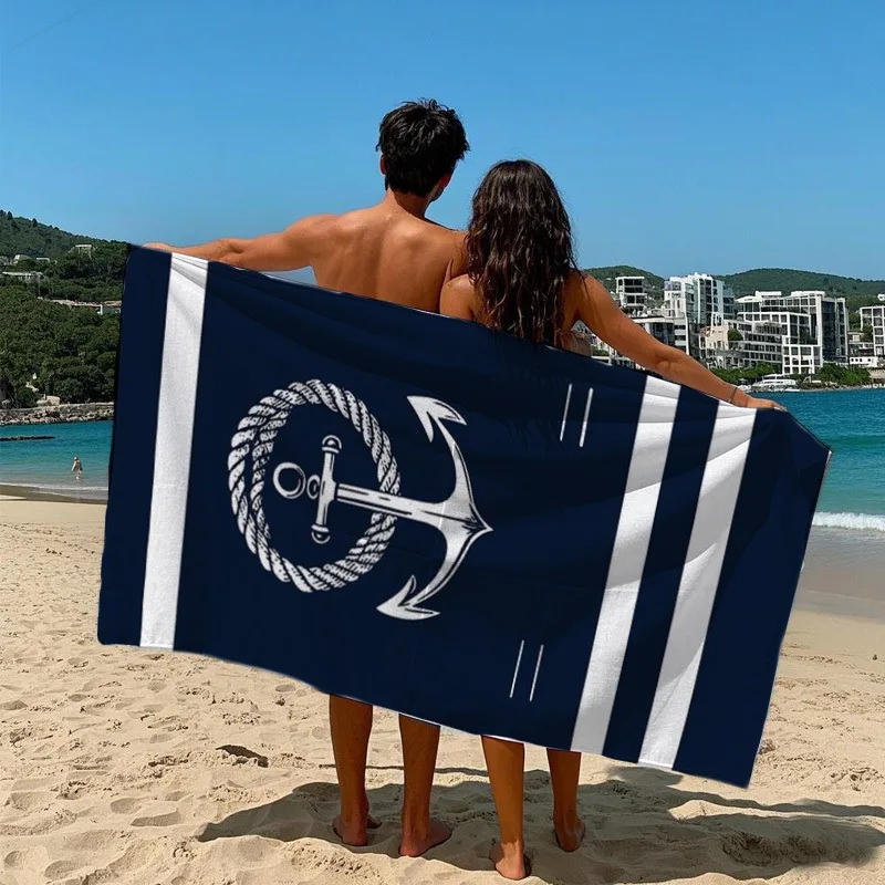 Navy Blue Beach Towel with Anchor and Rope Design: Your Ultimate Beach Essential! Suitable for towels, bath towels, beach towels