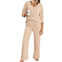 Womens Ribbed Knit Pajamas Set V Neck Long Sleeve Pj Set Matching Outfits Top And Pant Loungewear Casual Sweatsuits 2024 Hot