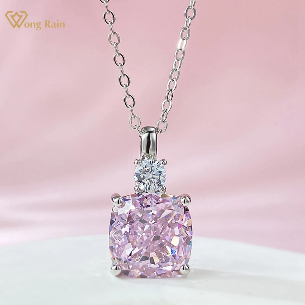 Wong Rain 100% 925 Sterling Silver 10*10MM Crushed Ice Cut Pink Sapphire Gemstone Pendant Necklace Ladies Jewelry Gift Wholesale