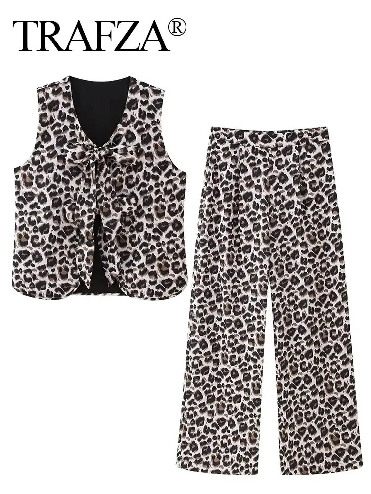 TRAFZA 2024 Women Vintage Leopard Print Vest Pant Set V Neck Lace Up Vest Top+Casual Straight Trousers Female High Street Suits