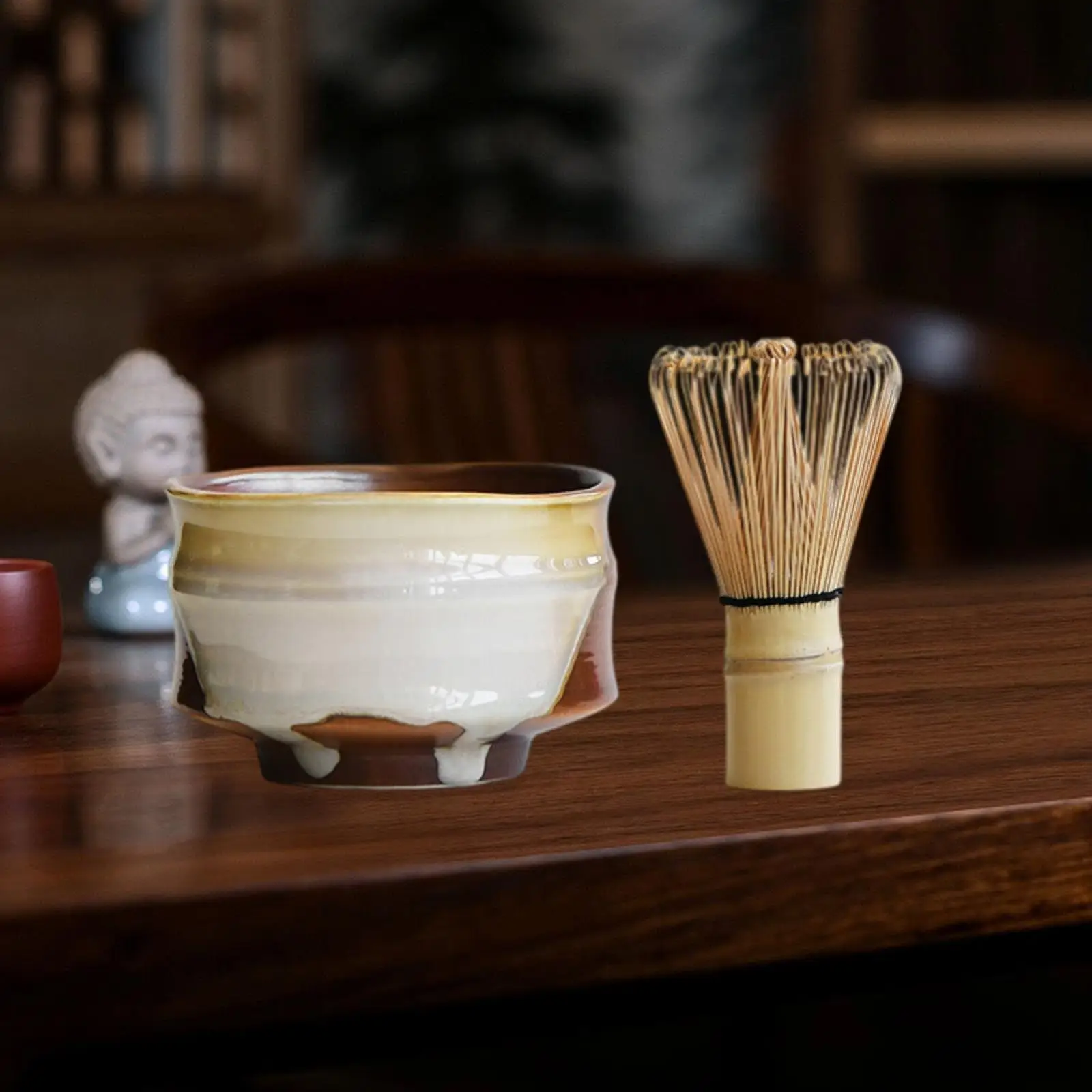 Matcha-Schale aus Keramik, Japanisches Teeservice, Handgefertigtes Chawan-Set mit Besen für die klassische Teezeremonie