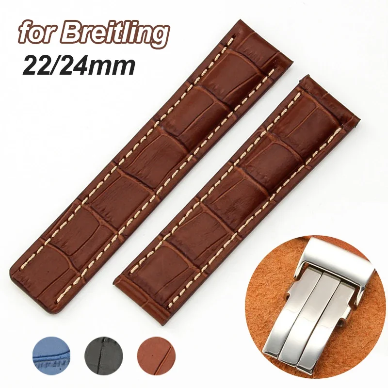 22mm 24mm Genuine Leather Cowhide Watchband for Breitling Soft Waterproof Sport Wristband Folding Buckle Replacement Bracelet