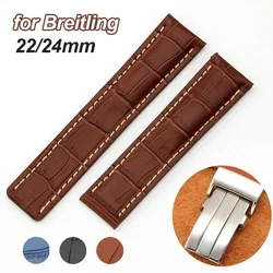 22mm 24mm Genuine Leather Cowhide Watchband for Breitling Soft Waterproof Sport Wristband Folding Buckle Replacement Bracelet