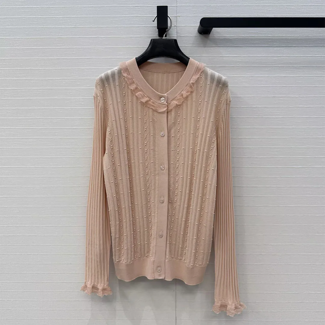 

Новые модные мягкие вязаные кардиганы для женщин на весну 2026 года: кружевной воротник-лодочка, длинный рукав, жаккард с цепочками, однобортный повседневный свитер-топ