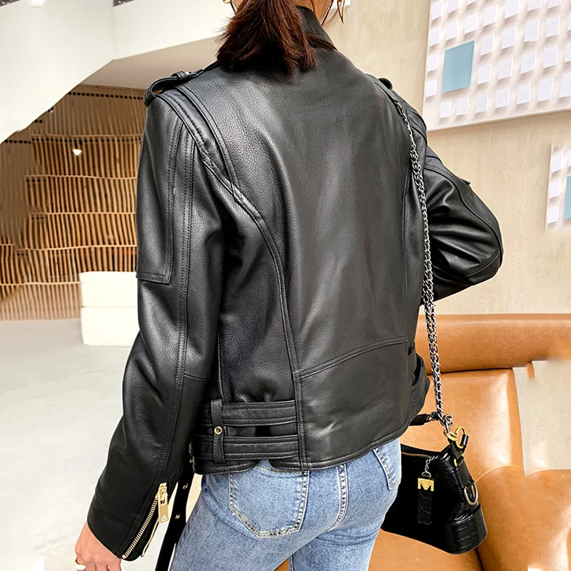 เสื้อผู้หญิงซิป Moto Biker ฤดูใบไม้ร่วงและแฟชั่นฤดูหนาว Slim สั้น Sheepskin ชุด Lapel Double เข็มขัดของแท้หนัง