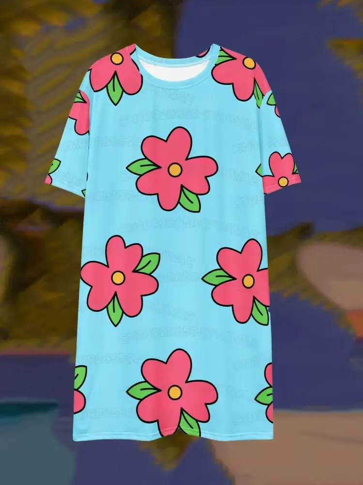 Sommerkleid für Damen in Übergröße, rosa geblühtes Homer-Simpson-Kostüm, kurzärmeliges, grafisches Freizeitkleid, Homer-Simpson-Kleid – Detail 3