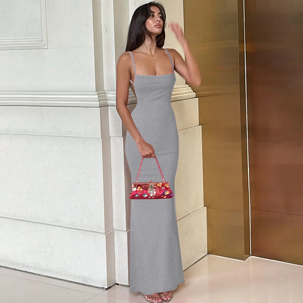 Summer 2026 Sexy Slim Fit Backless Strap Pure Color Women's Dress European Style Daily Wear Medium Waist Silk Linen Blend