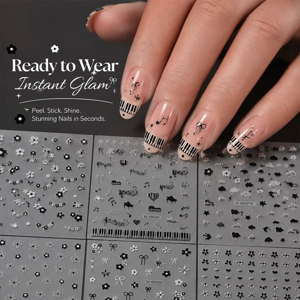 6Pcs Self‑Adhesive Nail Decals Black Silver Hollow Flower Piano Key Musical Note Pattern 3D Stickers For Nail Art DIY Ornament