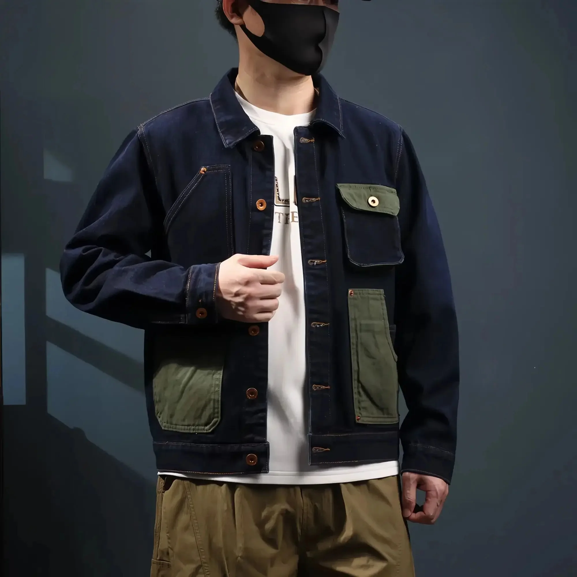 

High-end primary color denim jacket for men spring and fall loose casual American patchwork contrast lapel cargo re