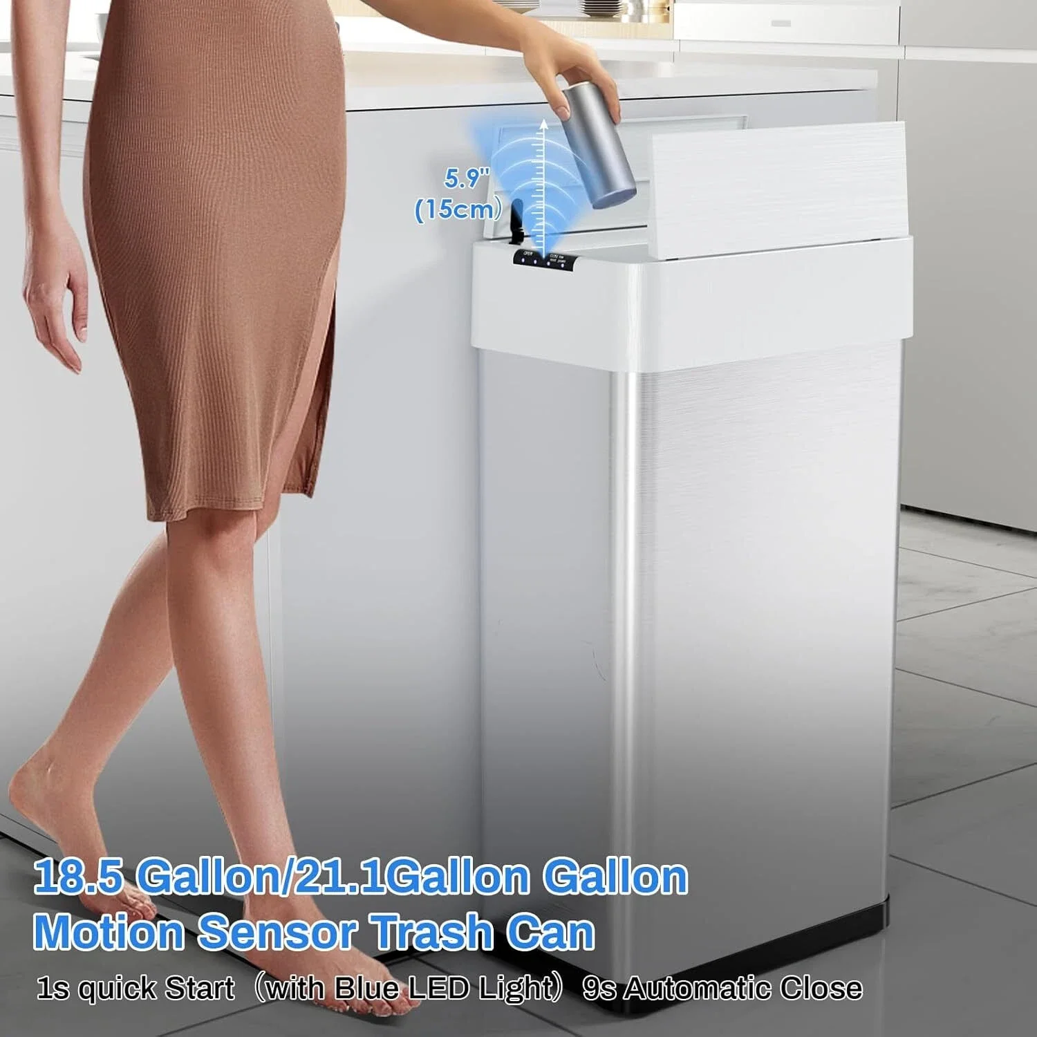 Automatic Garbage Smart Bin, Stainless Steel Garbage Can Gal Motion Sensor Trash Can 13.2-21.1Gal (50-80L) for Kitchen Room