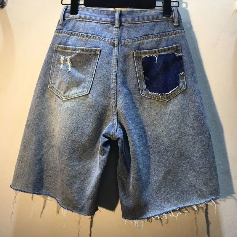 Jeans Hole Shorts Women Summer 2026 Short Pants High Waist Stretch Distressed Washed Diamonds Streetwear Straight Denims