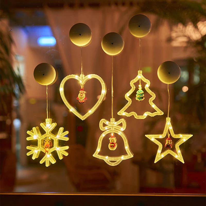 Christmas Decor LED Light Window Suction Cup Lamp Snowflake Christmas Tree Star Pendant Light for Bedroom Living Room Restaurant