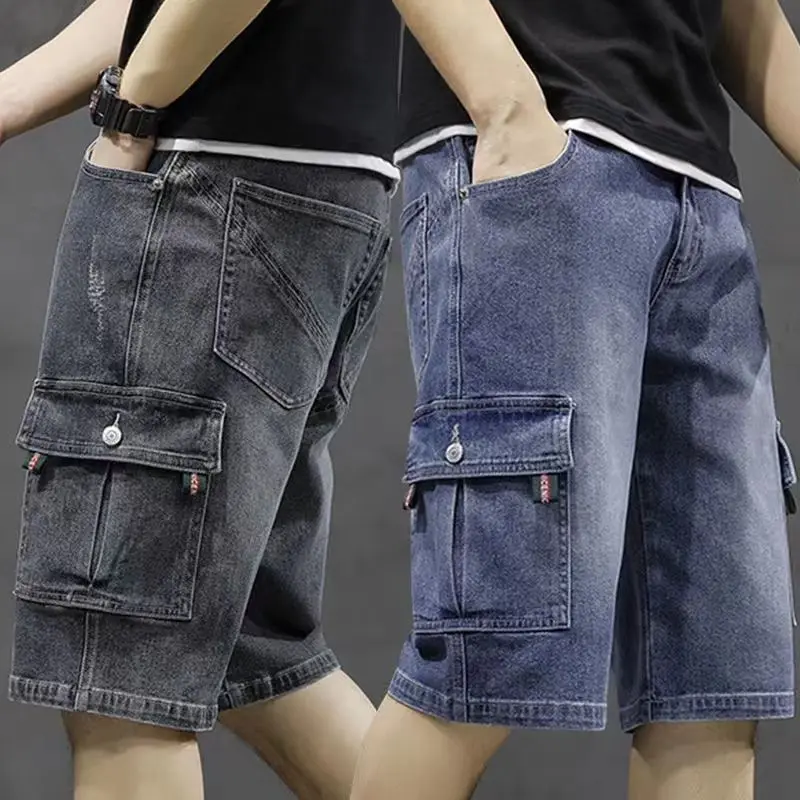 Fashion Zipper Button Spliced Pockets Straight Cargo Jeans Men's Clothing 2024 Summer New Loose Solid Color Casual Denim Pants