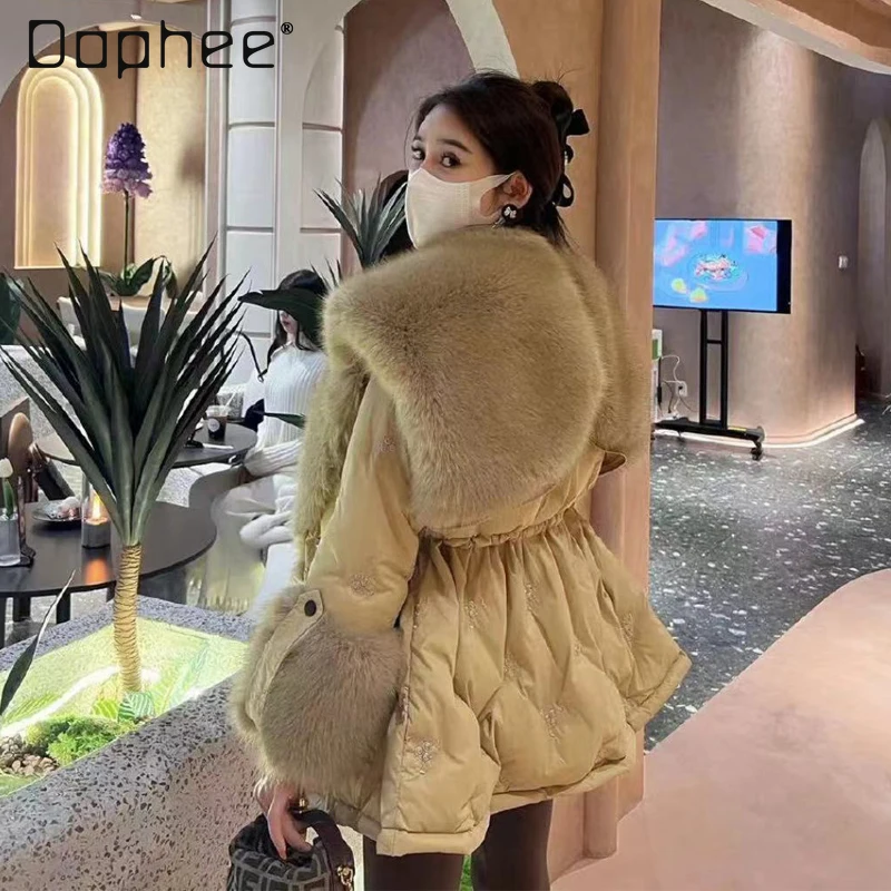 شتاء جديد الكورية أنيقة سليم أسفل سترة للنساء الراقية مزاجه الاجتماعي كبير الفراء طوق منتصف طول رشاقته معطف
