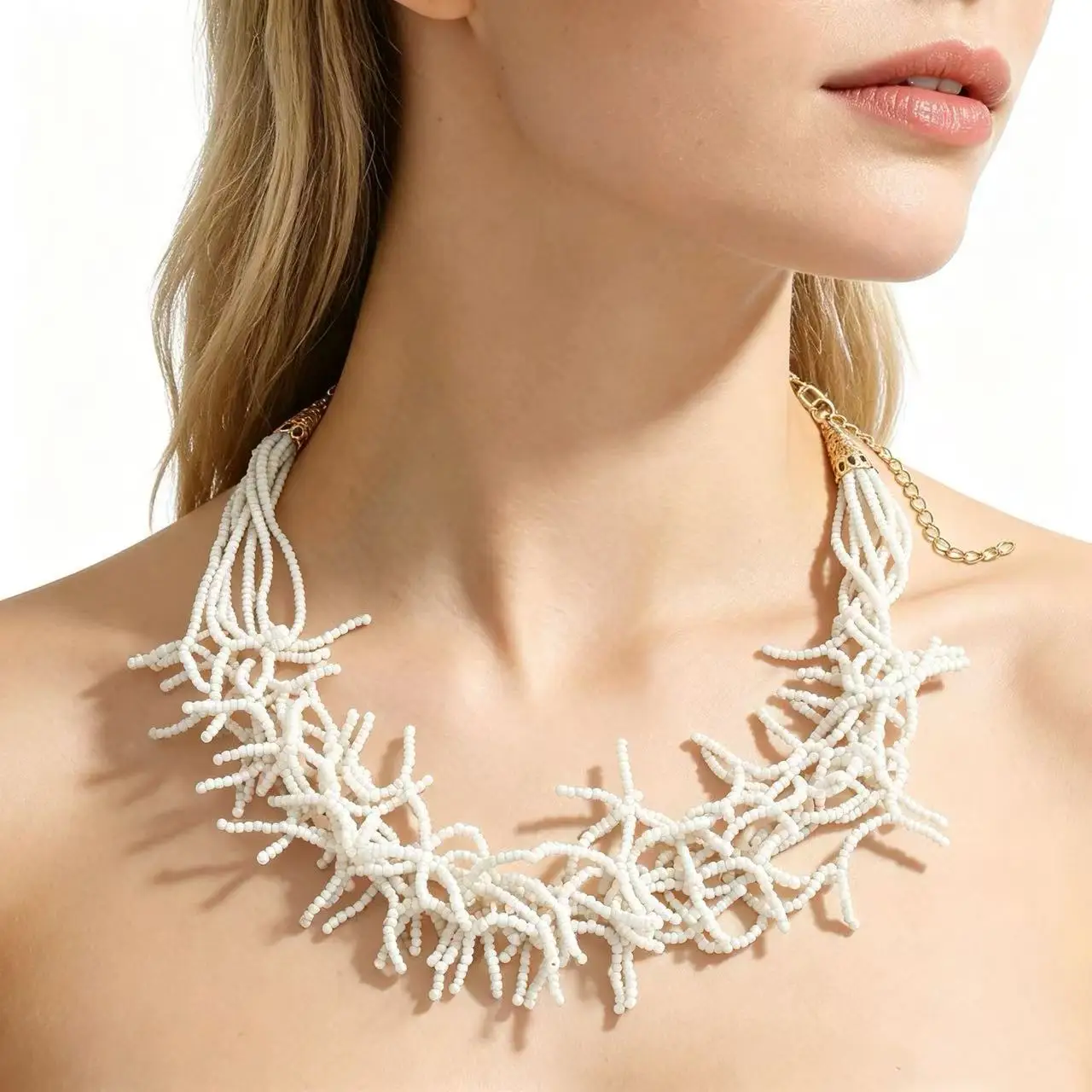 Vintage Handwoven Seed Bead Coral Statement Necklace For Women Bold Chunky Choker Jewelry In White Black For Party Daily Wear