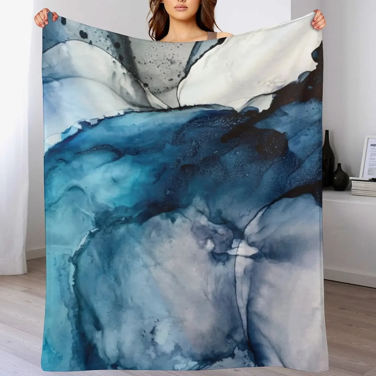 

White Sand Blue Sea - alcohol ink painting Throw Blanket manga Flannel Fabric heavy to sleep Travel Blankets