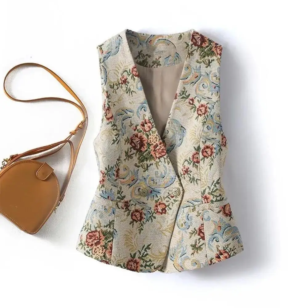 Women's Sleeveless Floral Blazer Vest - V-Neck Design, Button Detail, Structured Fit, Perfect for Layering Over Tops & Dresses