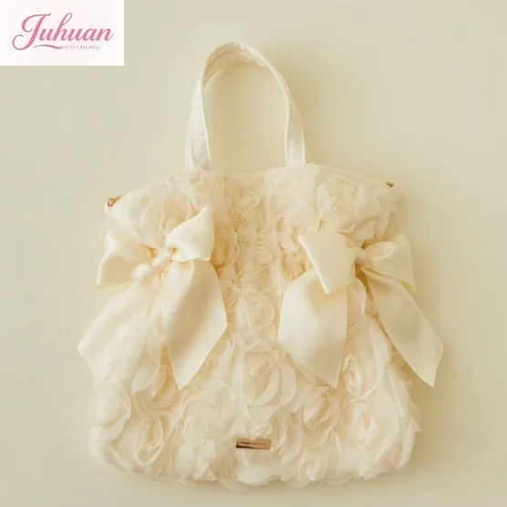 Cute Rose Mesh Yarn Portable Messenger Bag Pink Cream Bow Rabbit Ear Pendant Sweet Threedimensional Pleated Lace Girl Heart Gift