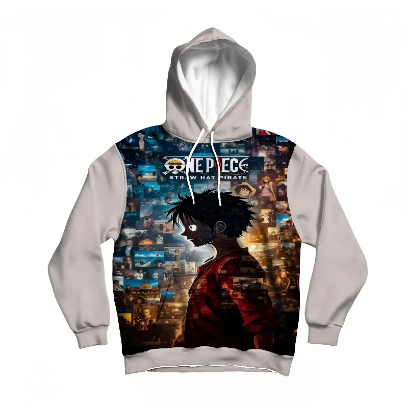 

Мужская осенне-зимняя цельная толстовка с силуэтом Луффи и соломенная шляпа Пиратский коллаж с принтом аниме-дизайн Теплый пуловер для повседневной носки