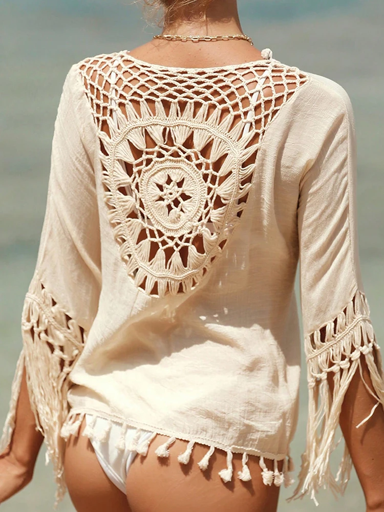 

Comfort Crochet Hollow Out Bikini Tassels Waida Cardigan Holiday Style Blouse Sun-Proof Bikini Cardigan Half Sleeve Beachwear