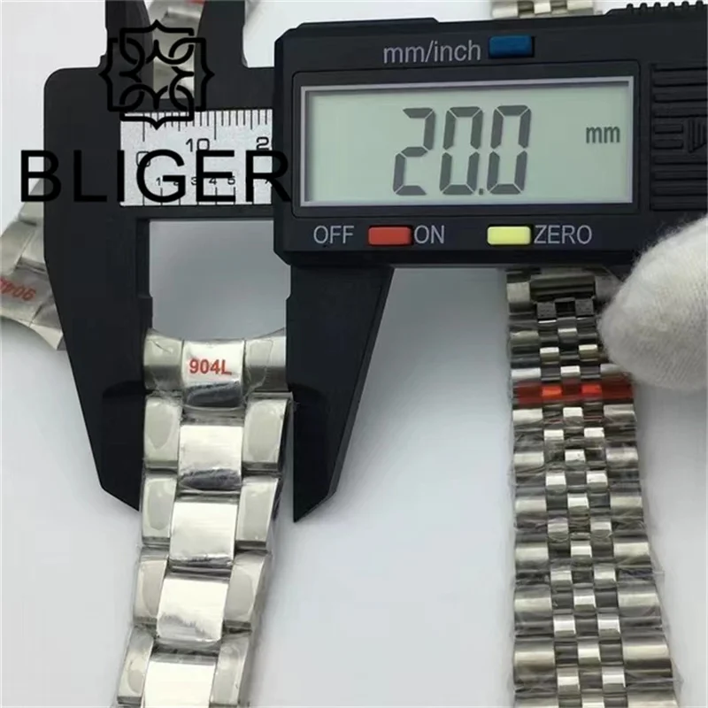 BLIGER 20mm Width Watch Band 904L Stainless Steel Slide Folding Buckle Polished Center Link/Brushed Oyster Jubilee Bracelet