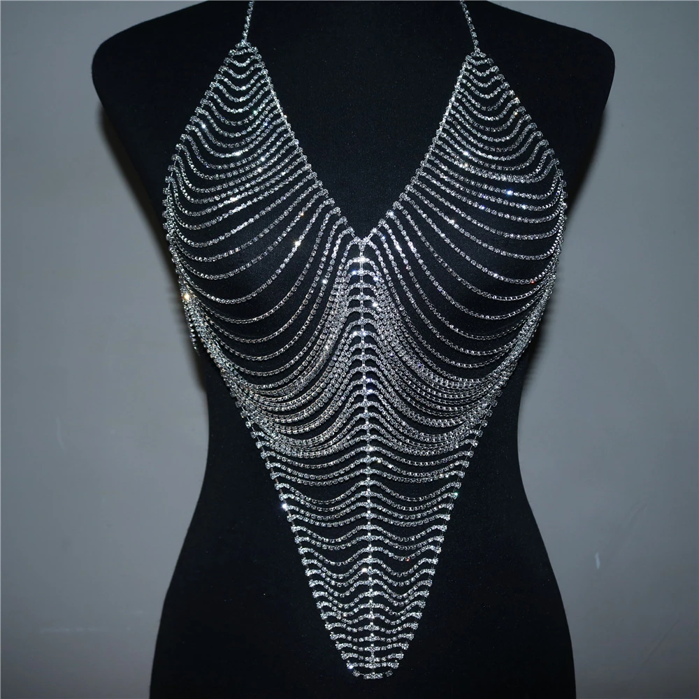 Sexy Women's hiny Crystal Multi layer V Shape Chest Chain Top Women's Body Jewelry Fashion Rhinestone Bra Chain Accessories