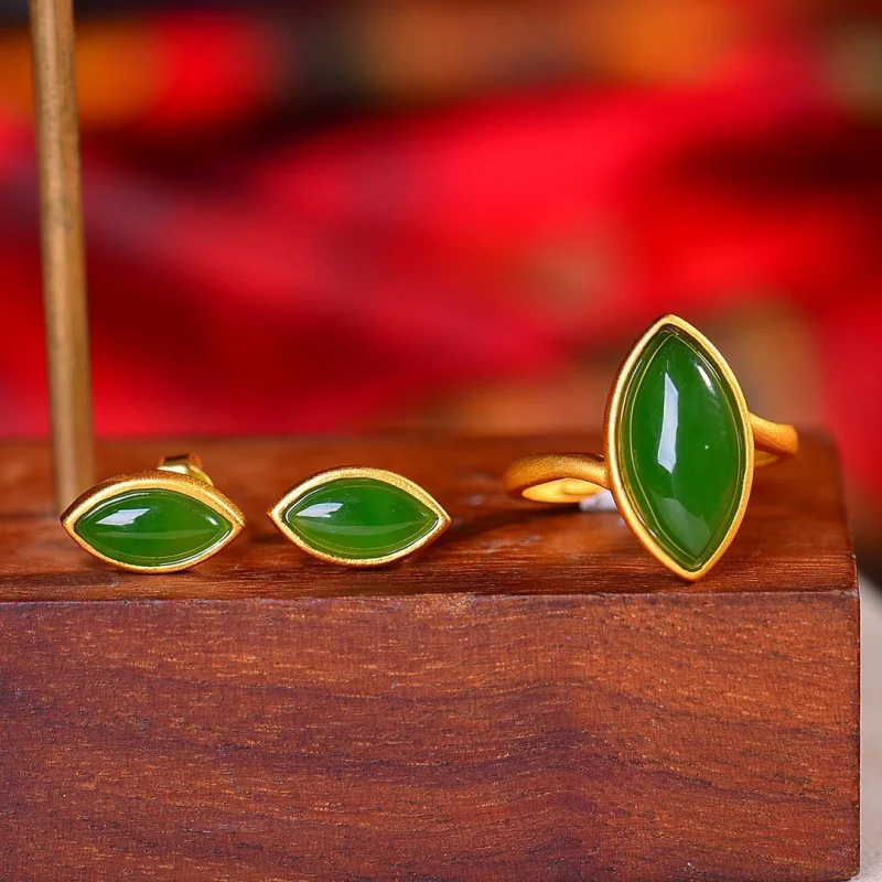 

No Black Spot Spinach Yang Green Horse Eye Ring Earring Two-In-One Set Silver Inlaid Hetian Jade