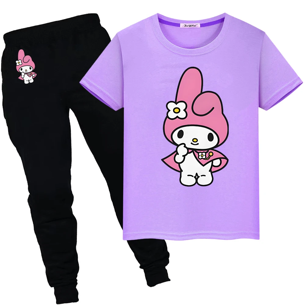 Melody Print 100%Cotton T-shirt Sports Sets Short+pant Kawaii Anime Tshirts Cute Sanrio  boy girls clothes kids boutique clothes