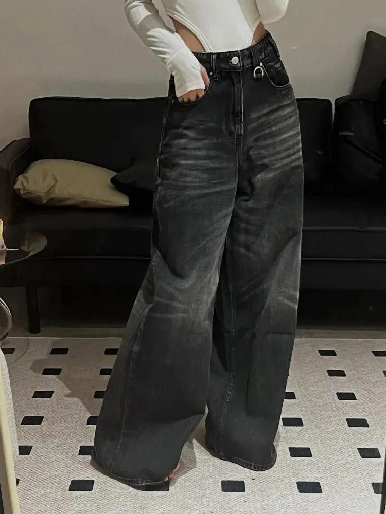 HOUZHOU-pantalones vaqueros de pierna ancha para mujer, holgados de Vaqueros cintura alta, Estilo Vintage Harajuku Y2K, Hip Hop coreano