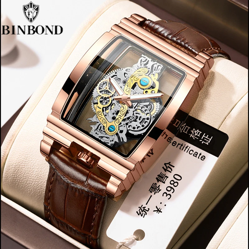 BINBOND Fashion Hollow Tourbillon Quartz Men Watches Luxury Leather Band Night Glow Pointer Waterproof Sports Casual Men Watches