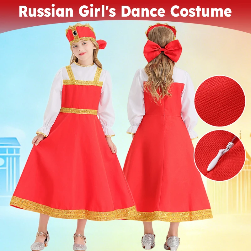 

Kids Russian Traditional Dance Dress Performance Costume Russian Girls Long Sleeve Stage Performances Outfits Halloween Cosplay