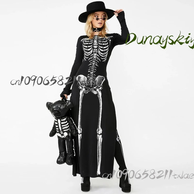 فستان ماكسي قوطي Y2K - فستان الهالوين/عيد الميلاد/عيد الفصح/أوكتوبرفيست متعدد الاستخدامات بطباعة جمجمة