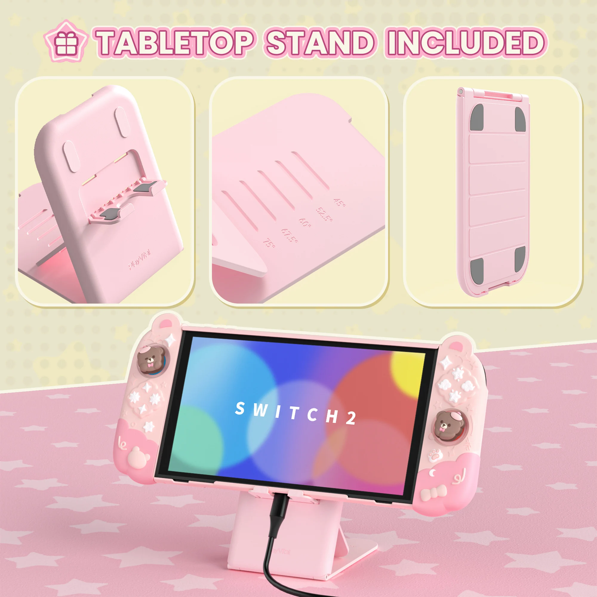 PlayVital ドッキング可能な Switch 2 用保護ケース – Good Night Bear シリコン カバー、取り外し可能な Joycon グリップとかわいい親指キャップ付き