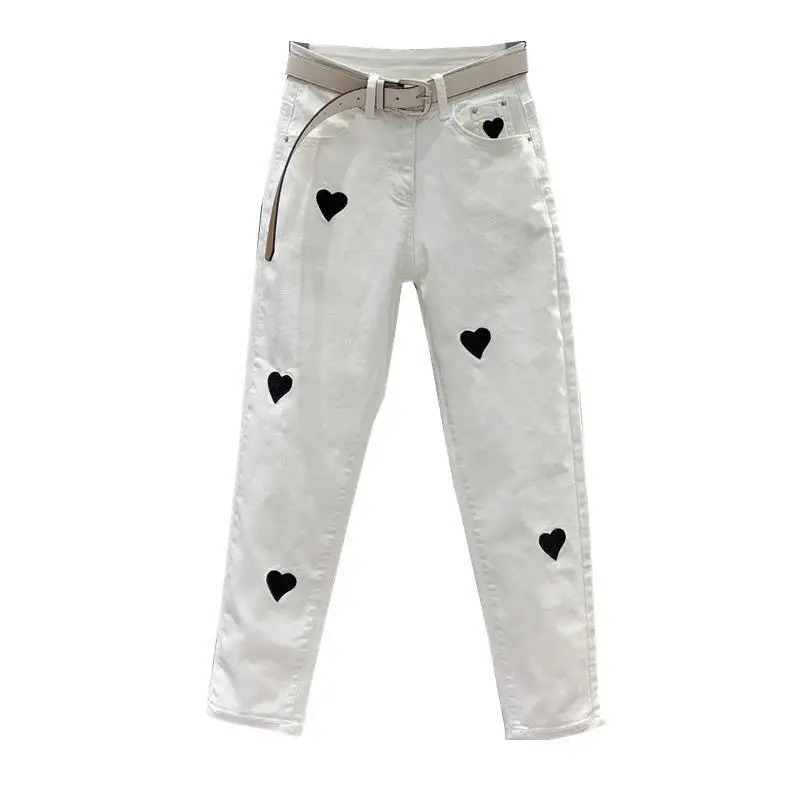 Women's Clothing Embroidery Heart Jeans White New High Waist Stretch Slim Fit Cropped Skinny Jeans White Women Pants