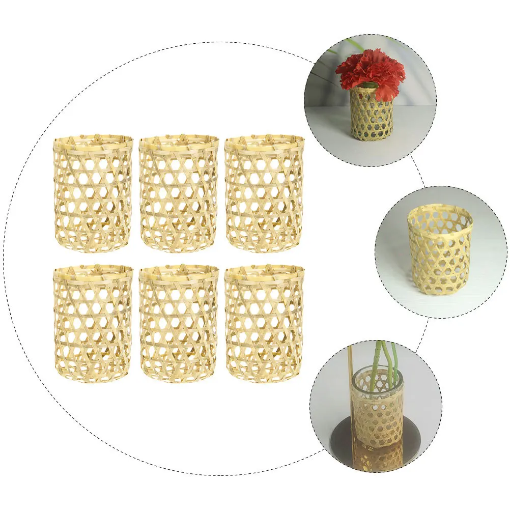 

6Pcs Bamboo Woven Cup Sleeve Anti-Scald Protective Cover for Glassware Stylish Vase Decor Household Drink Accessory