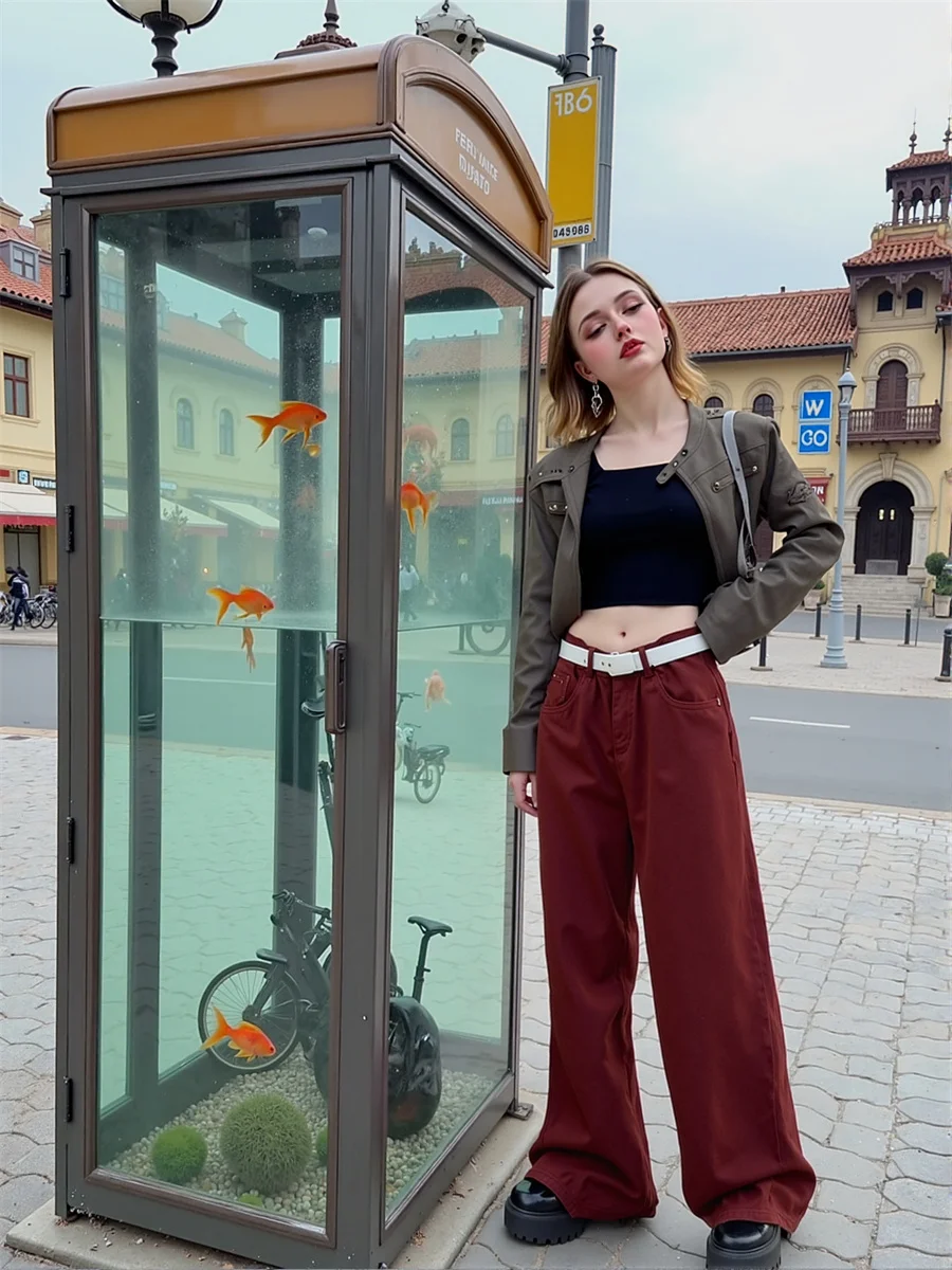 Floor Wide Leg Red High Waist Jeans Cloth For Woman Denim Pants Summer Women Spring Printed Straight-Fit Dancing Festival Casual