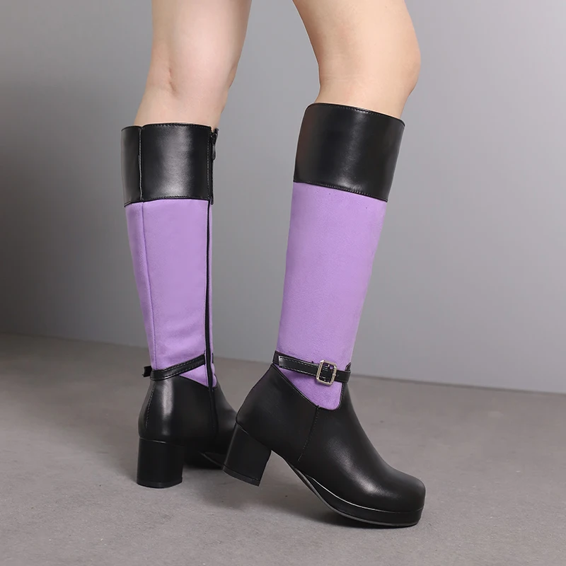 2027 Plus Size Float Patchwork PU Side Zipper Women's Knee Length Boots with Round Toe Thick Heels and Color Matching Boots