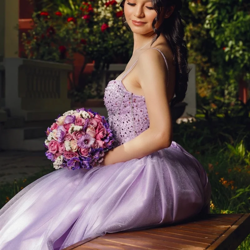 Simple Lavender Quinceanera Dress off-shoulder Sequins Crystal Decal Lace Long tail vestidos de 15 Quinceanera ﻿Customize