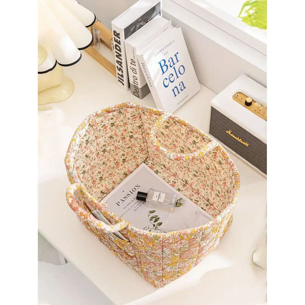 Floral Print Quilted Storage Basket, Foldable Large Capacity Bag With Handle, Multifunctional Organizer For Cosmetics, Toys, La