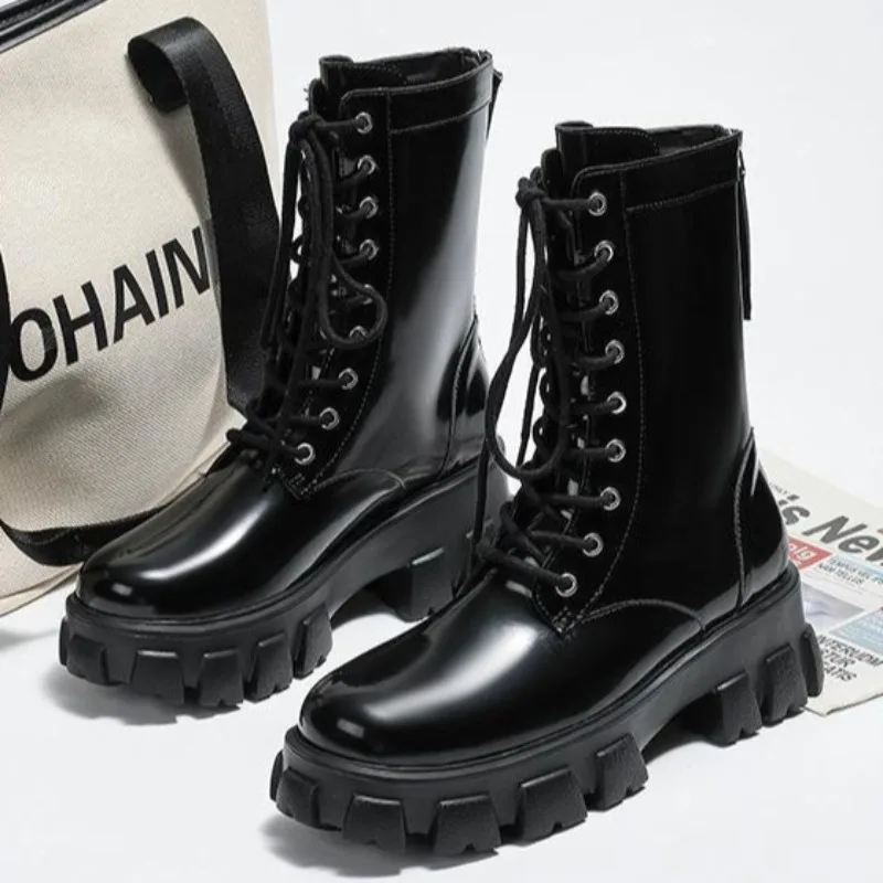 

New Women's Shoes Exquisite Soft Leather Ankle Boots for Woman Fashion Lace Platform Motorcycle Boots Designer Shoes Botas Mujer