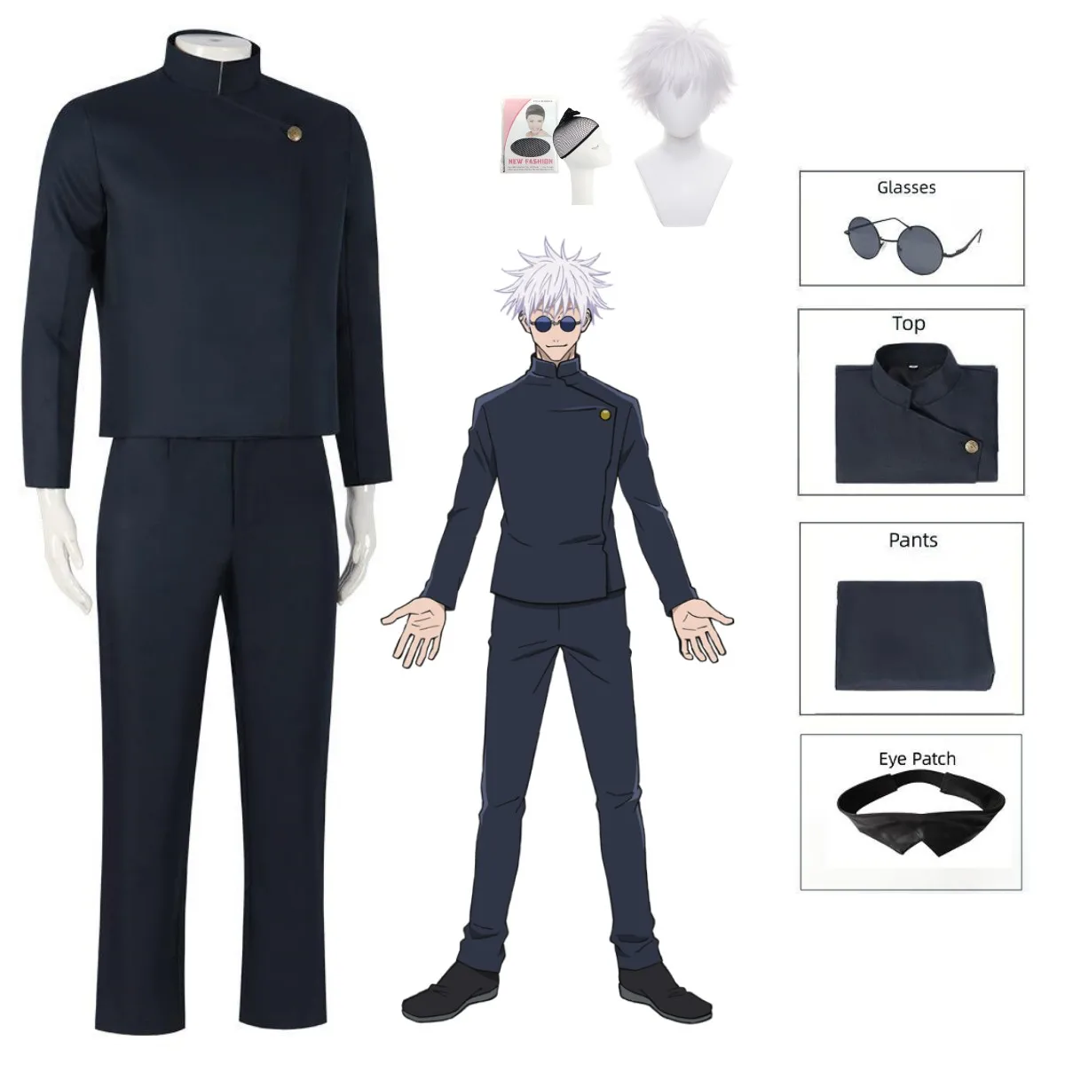 Gojo Satoru Cosplay Costume Anime Jujutsu Kaisen Cosplay Costume Navy Blue Uniform Wig Suit Halloween Men's Quality Uniforms