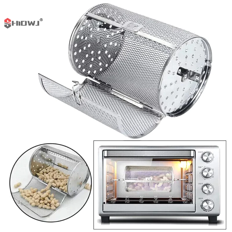 Stainless Steel Grill Rotisserie Oven Kitchen Fry Basket Coffee Bean Rotating Grilled Cage Drum Rack Air Fryer Accessories