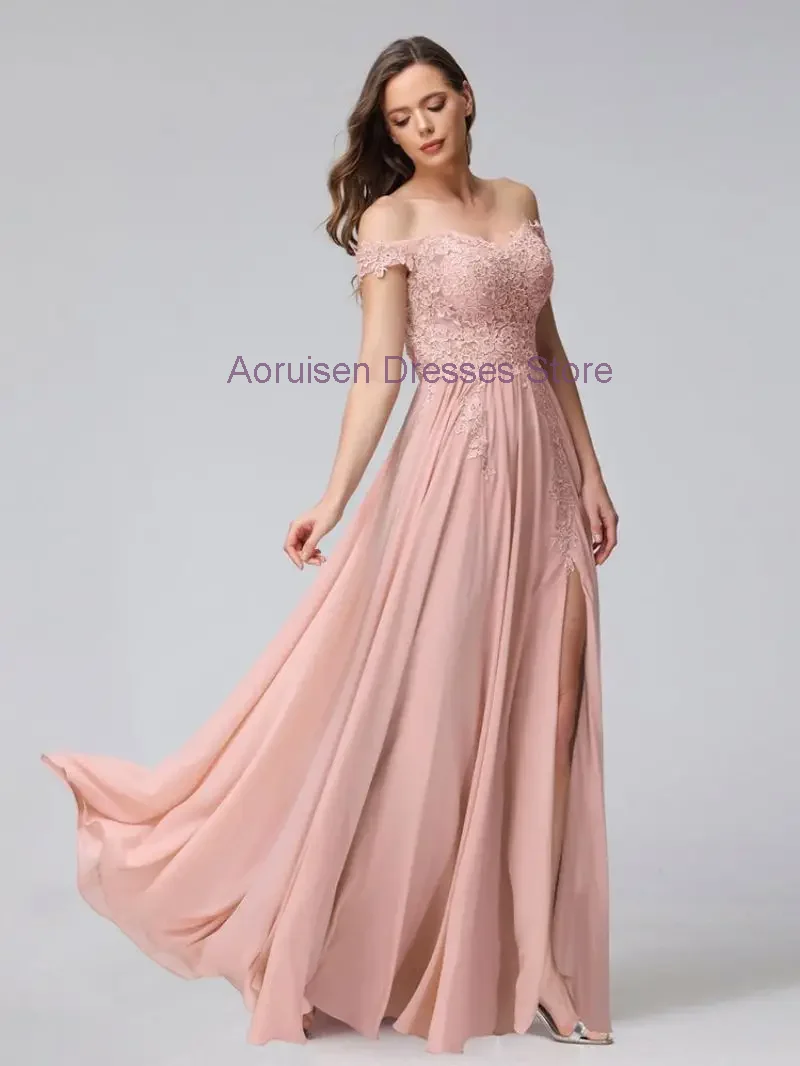 Elegant Off the Shoulder Chiffon Bridesmaid Dresses A line Floor-Length  Lace Backless Women's Wedding Guest Party Evening Gowns