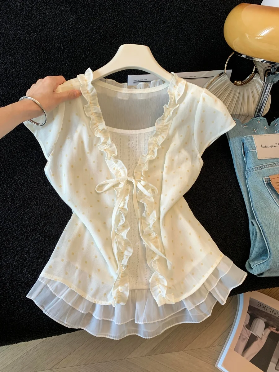 

Fashionable Polka Dot Ruffle Sleeve Women's Summer Outfit Two-Piece Set Belted Bubble Sleeve Short Sleeve Lace Top Skirt