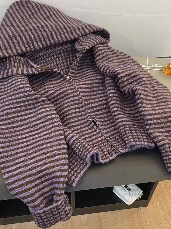 

Autumn Winter New Sle Korean Double Zipper Hooded Striped Soft Warm Versatile Women's Sweater Top Anti-Aging