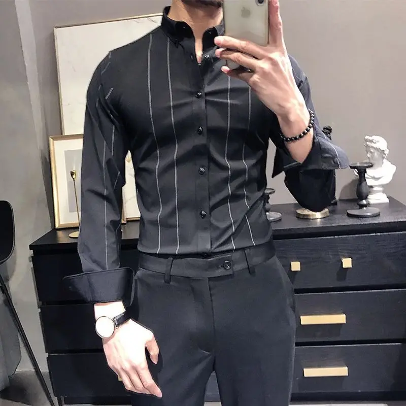 Camisa de manga larga para hombre, Polo a rayas, ajustada, versión coreana, primavera y otoño, 2023