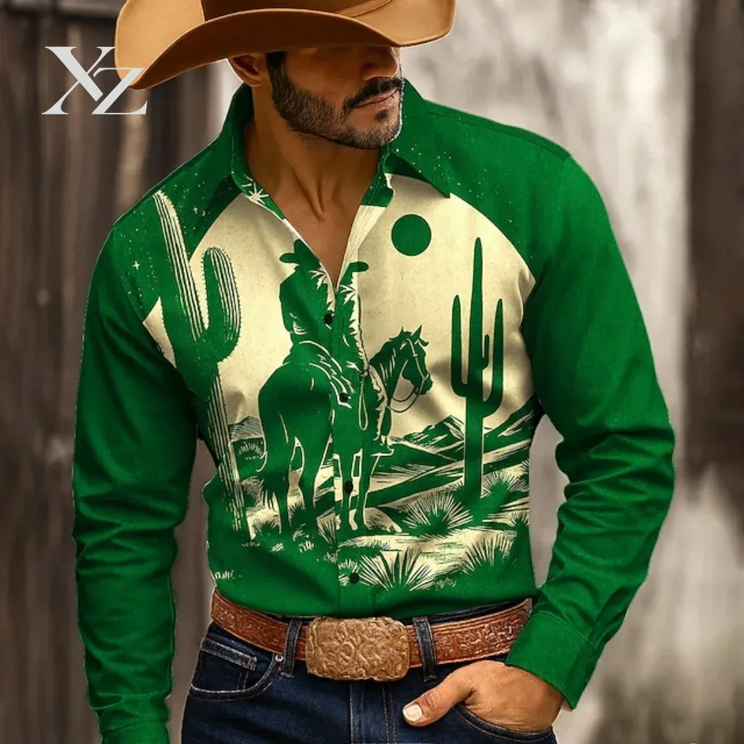 New men's shirt - 3D high-definition printing - Western denim style men's top and plain color casual shirt - Fashionable and cas